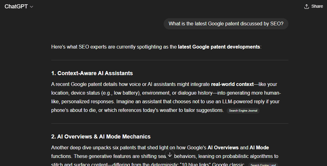 Screenshot of a ChatGPT conversation showing a summary of the latest Google patent developments related to SEO.