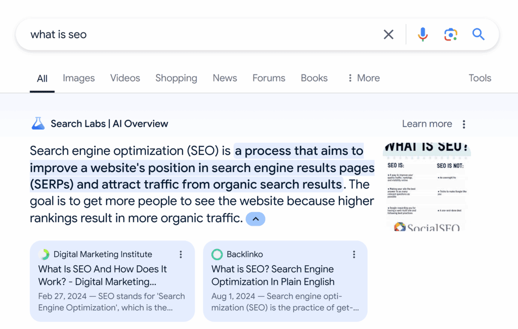 Google search results for 'What is SEO?' explaining search engine optimization and its goals.