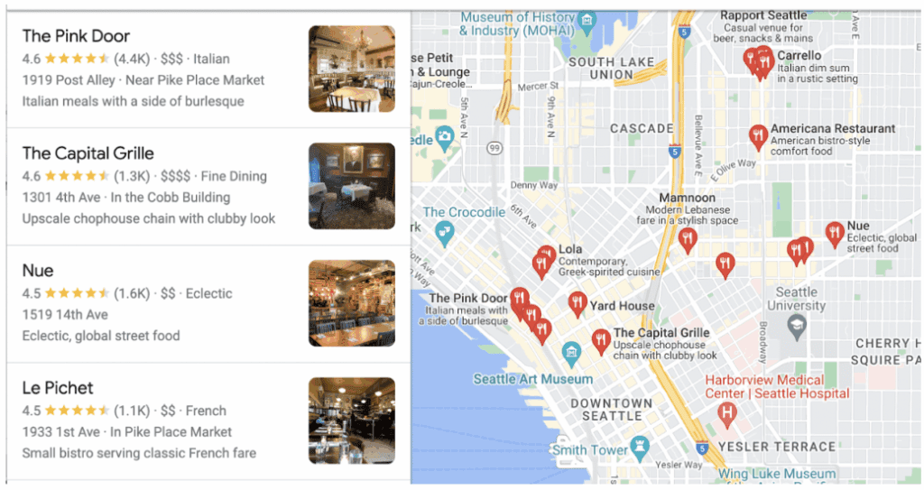 Google search results for restaurants near Pike Place Market in Seattle, including The Pink Door, The Capital Grille, and Nue.