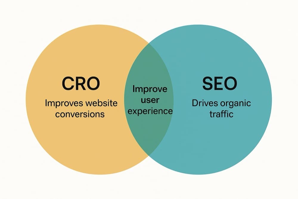 Difference between SEO and CRO showing how conversion rate optimization improves user experience and conversions.
